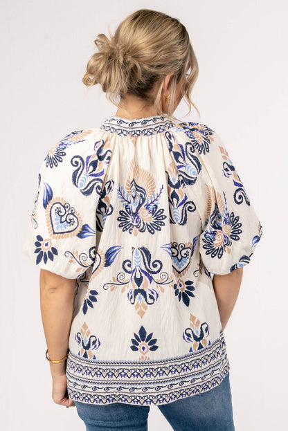 Mixed Print Stand Collar Blouse