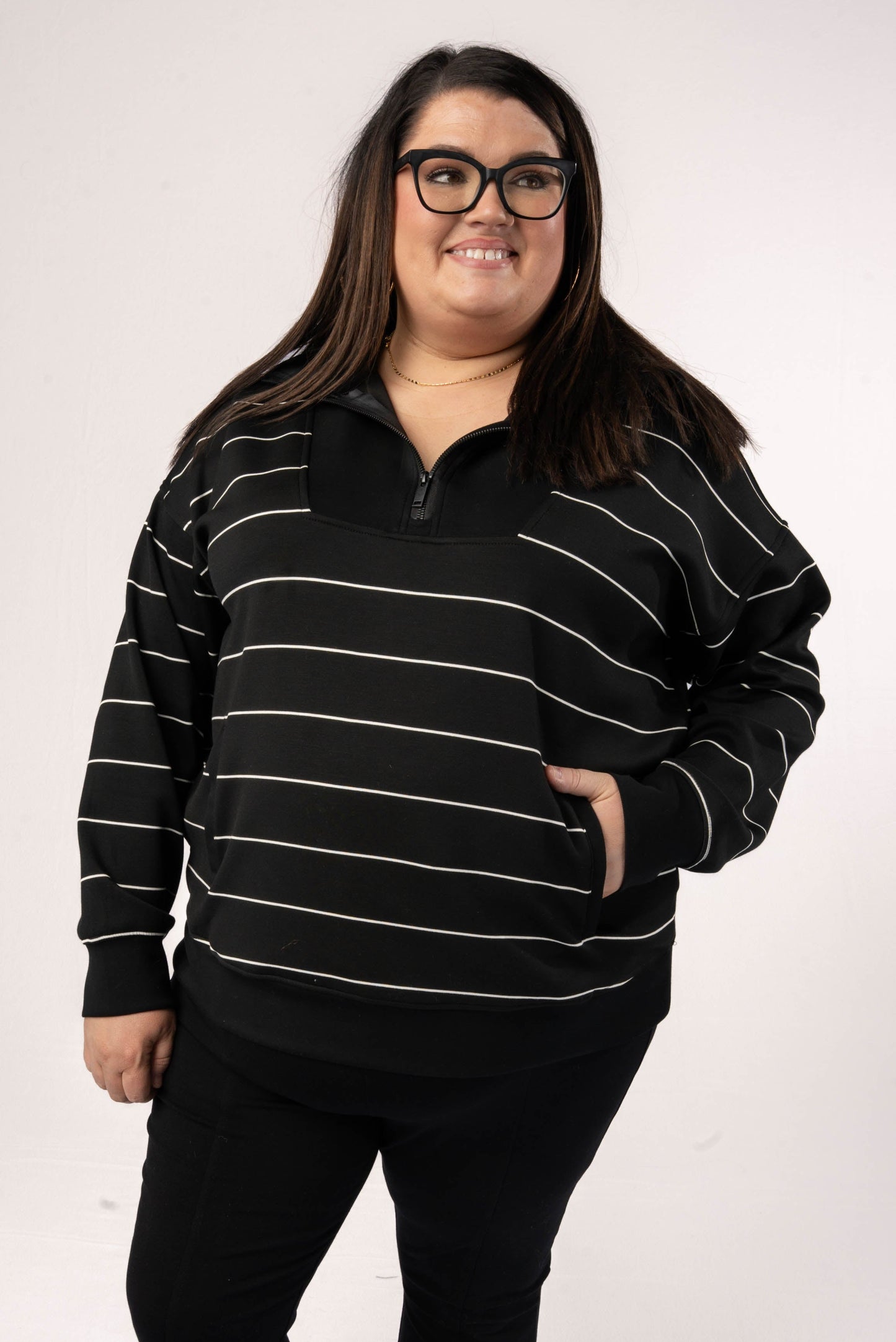 Striped Half Zip Funnel Neck Pullover