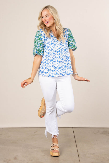 Abstract Embroidered Sleeve Top