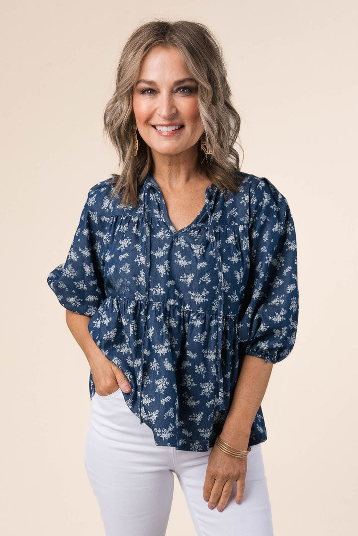 Floral Chambray Tie Neck Babydoll Top