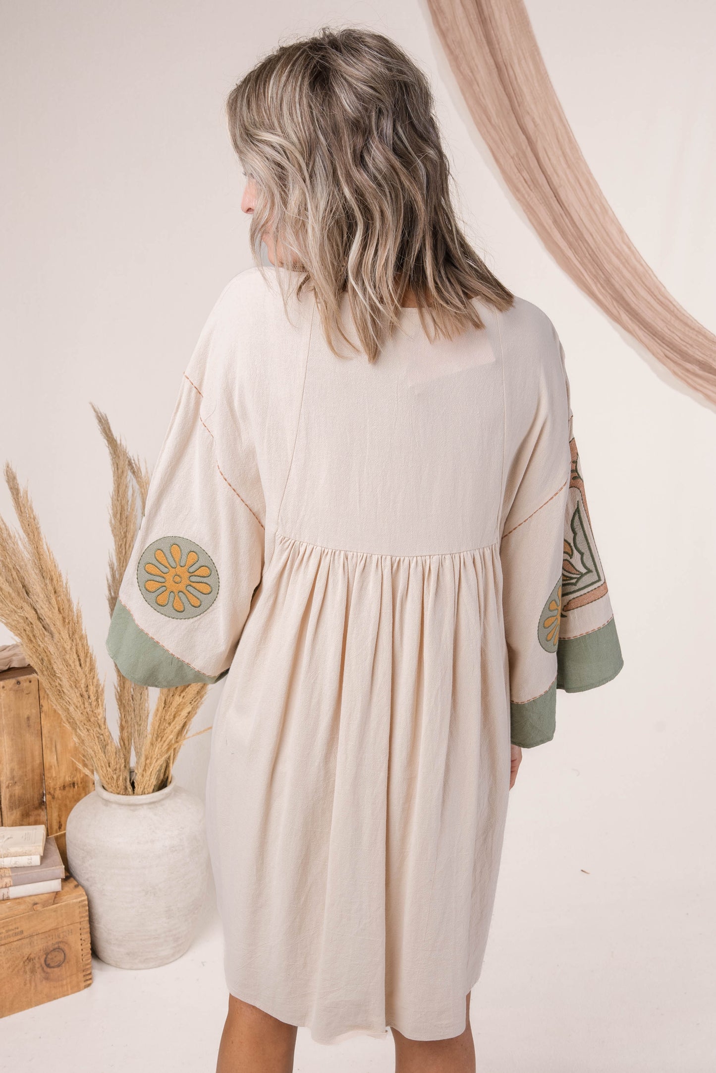 Boho Embroidered Babydoll Dress Olive