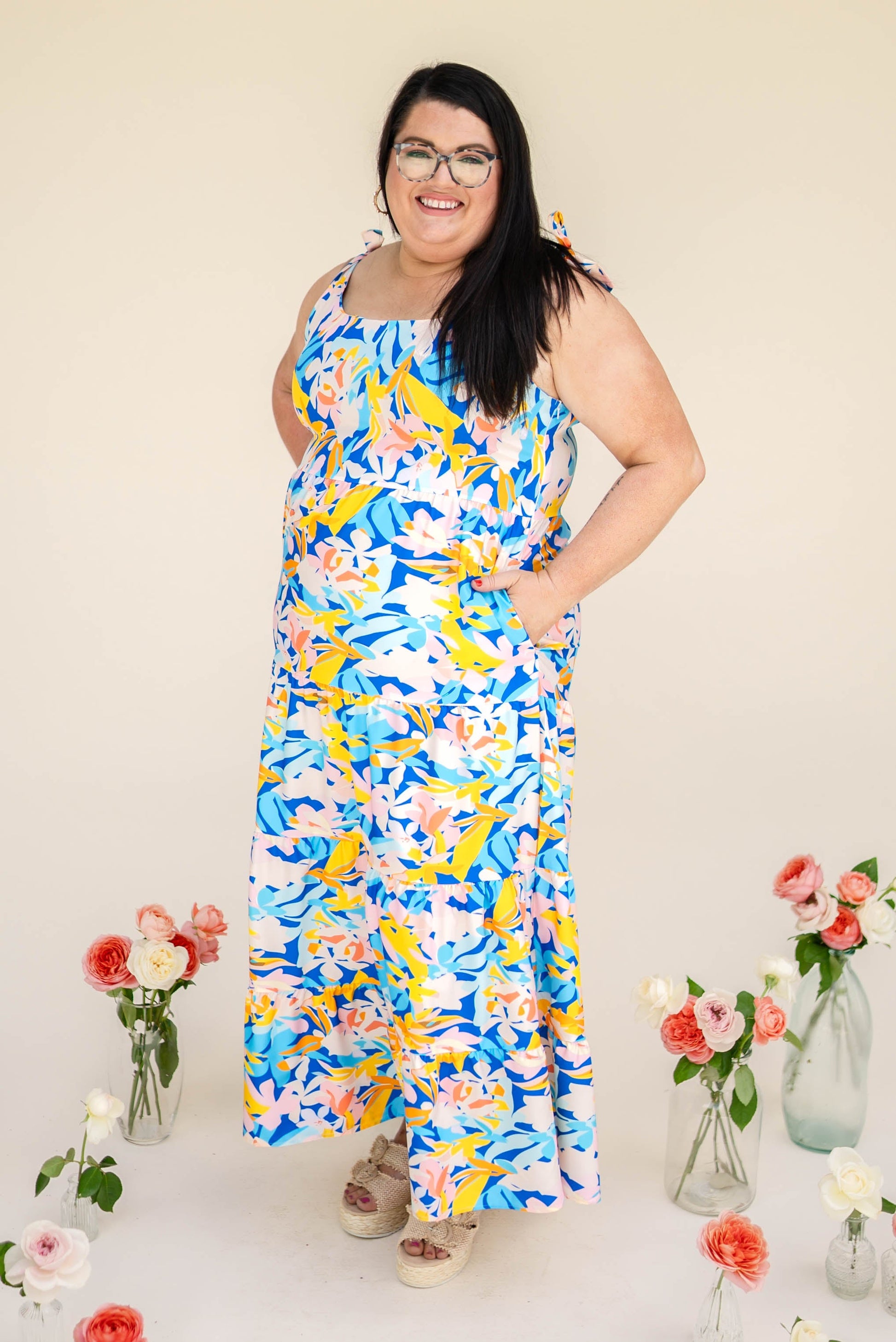 floral tie front maxi dress Lace Spliced Tie Front Floral Print Maxi Dress, Pink / XS