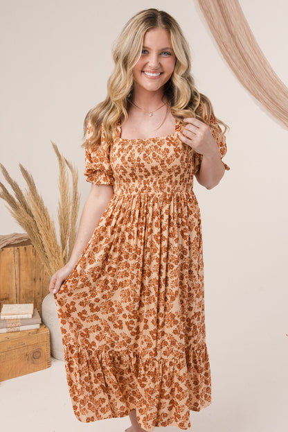 Floral Smocked Square Neck Midi Dress