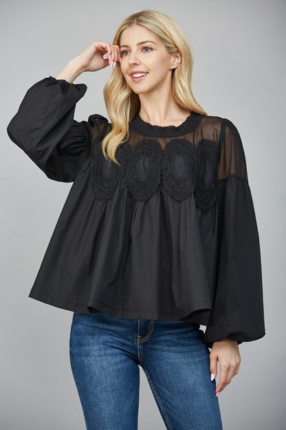Alena Lace Applique Pleat Neck Blouse