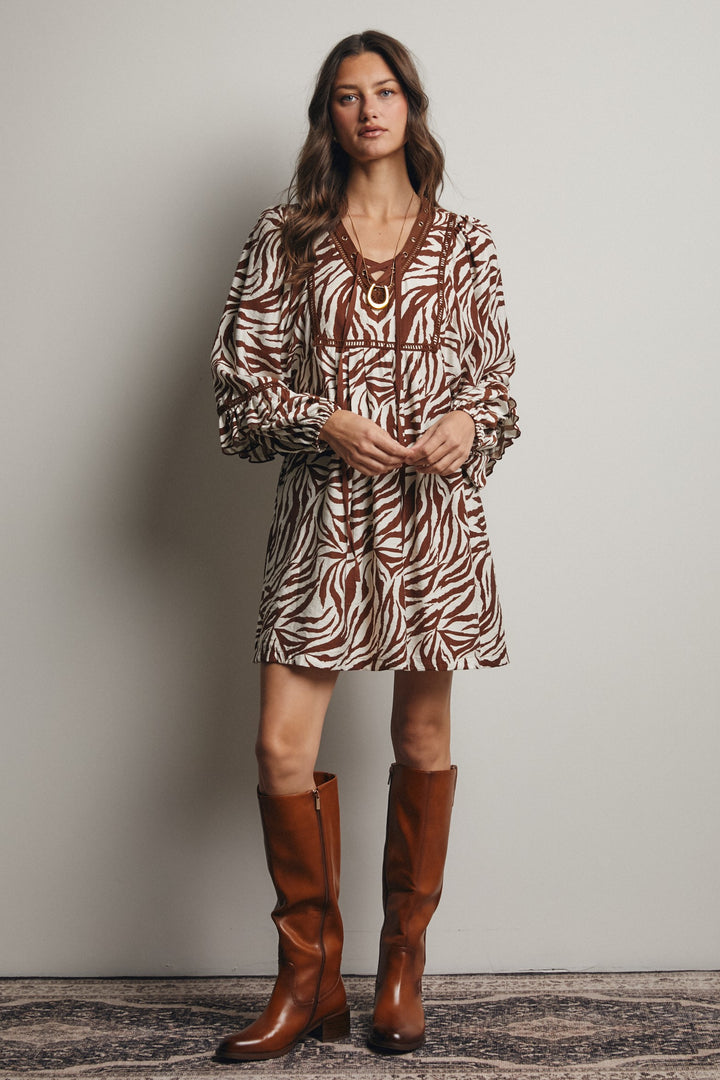 On Safari Zebra Lace Up Neck Dress