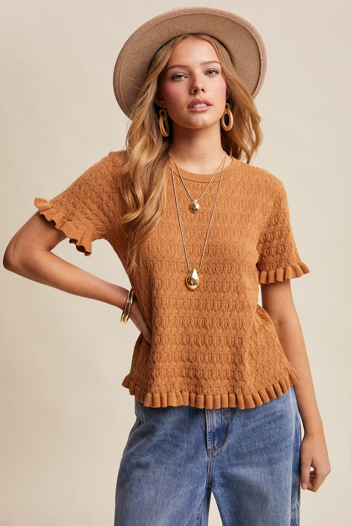Woodstock Pointelle Knit Ruffle Edge Top