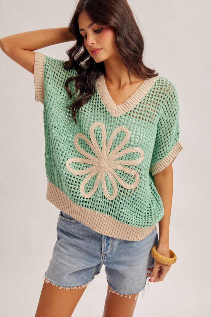 The Daisy Open Knit Floral Patch Sweater