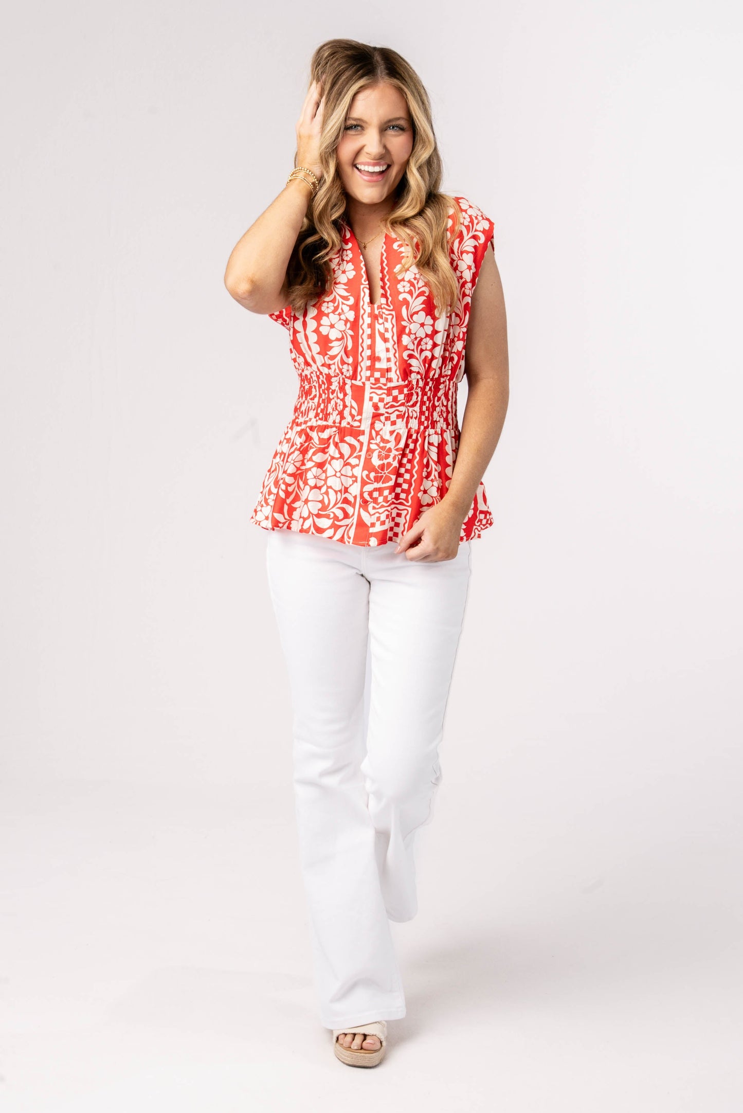 Floral Patchwork Smocked Waist Top