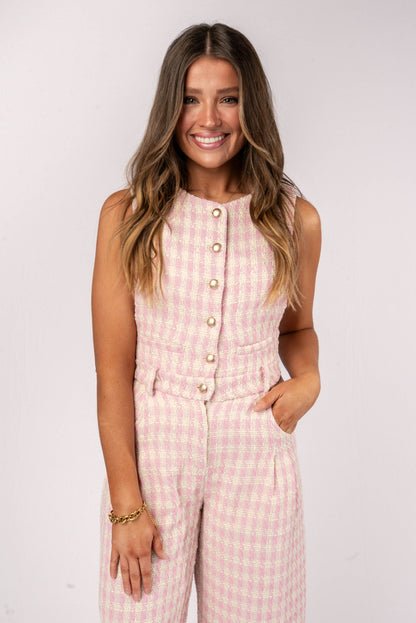 Tweed Plaid Sleeveless Button Detail Jumpsuit *Final Sale*