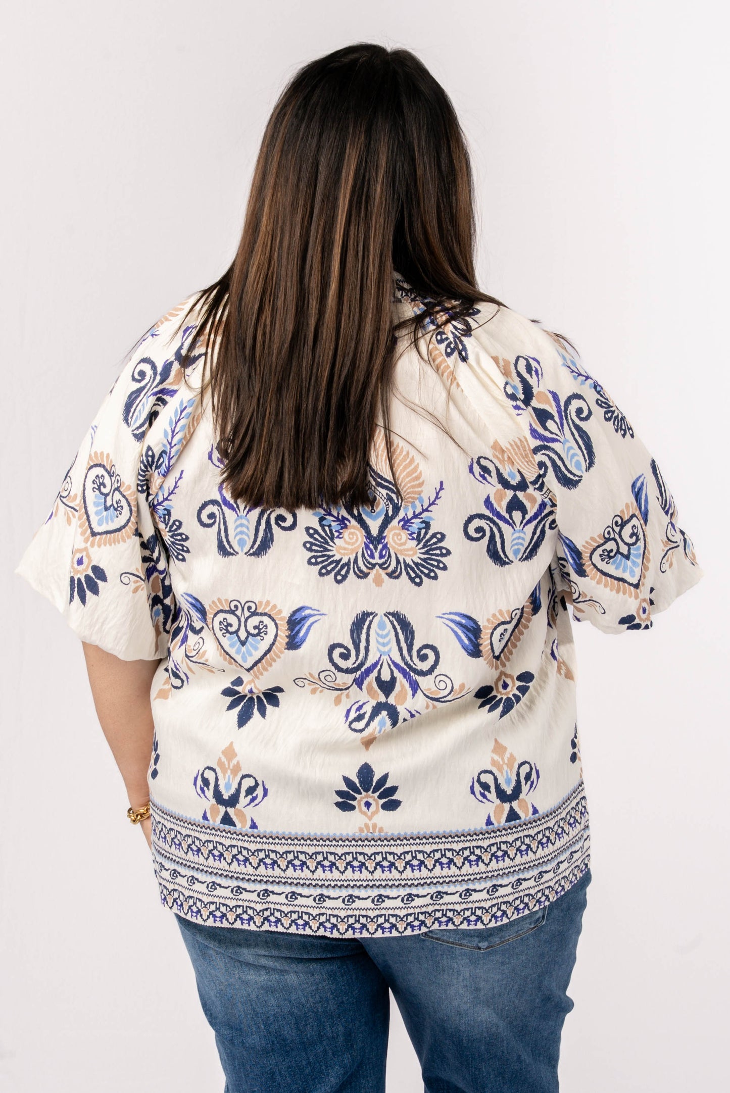 Mixed Print Stand Collar Blouse