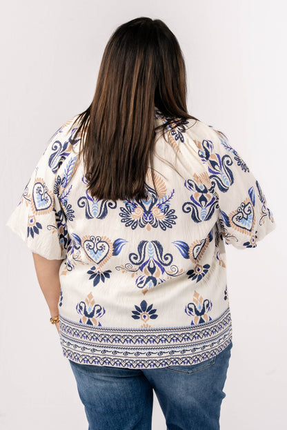 Mixed Print Stand Collar Blouse