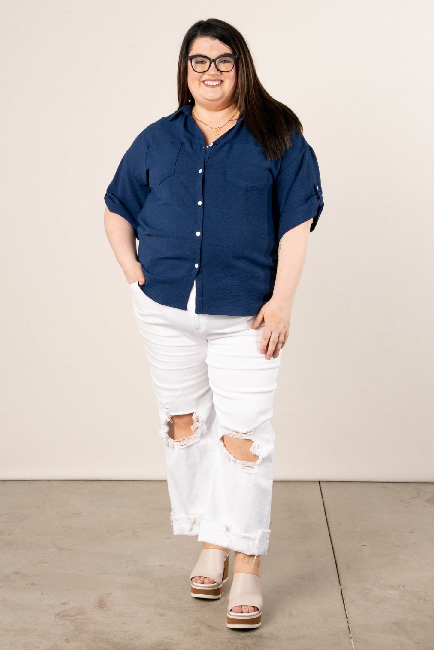 Crinkle Knit Tab Sleeve Shirt *Final Sale*