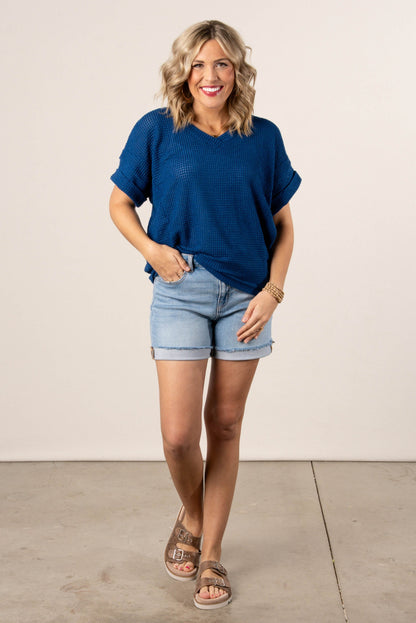 Waffle Knit Cuffed Sleeve Top