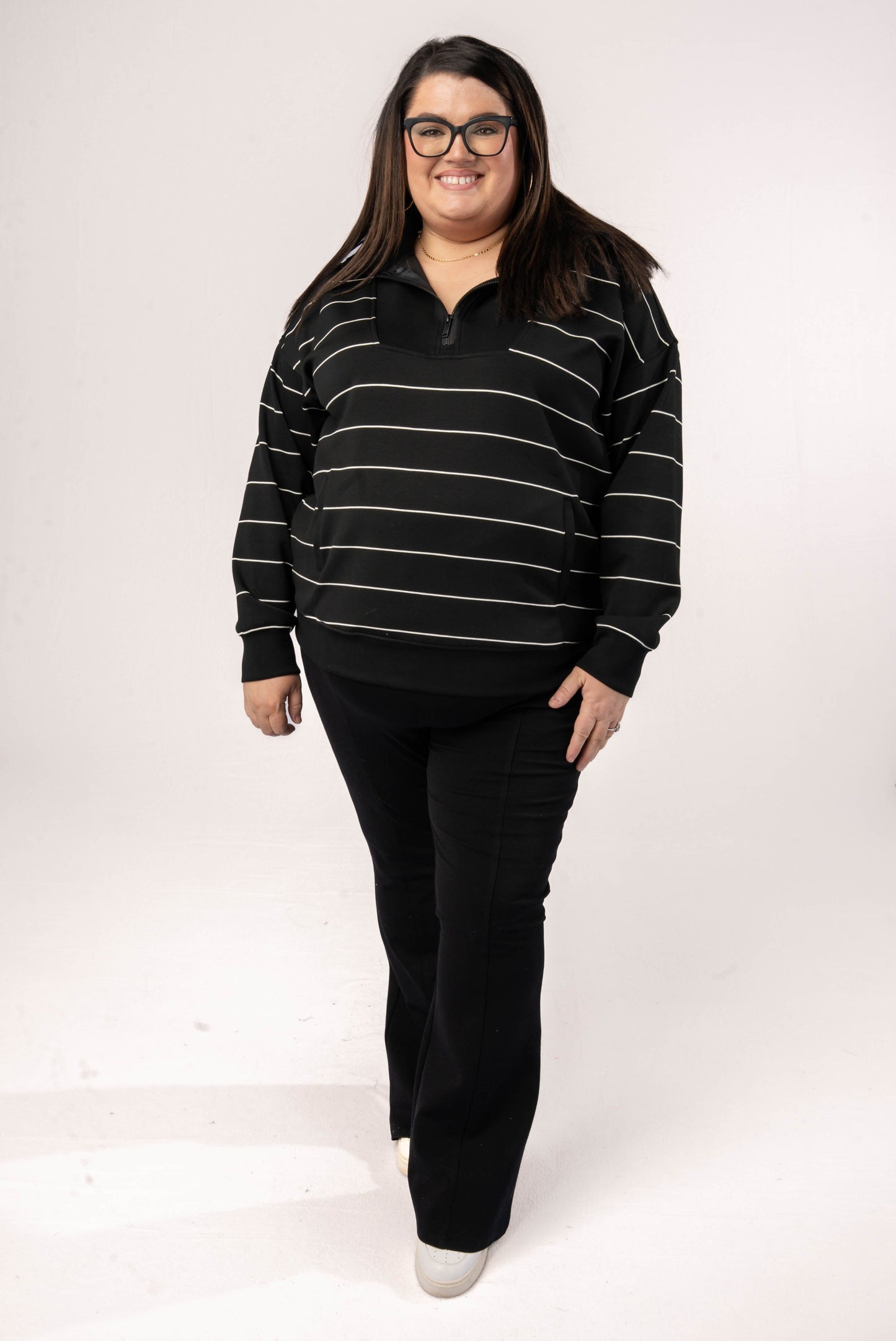 Striped Half Zip Funnel Neck Pullover