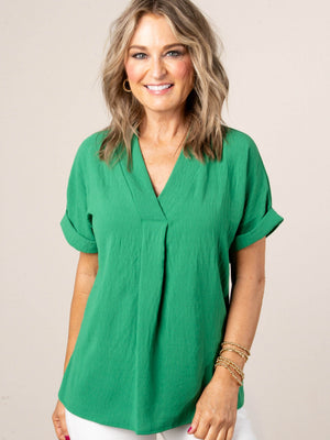 Front Pleat Cuffed Sleeve Top