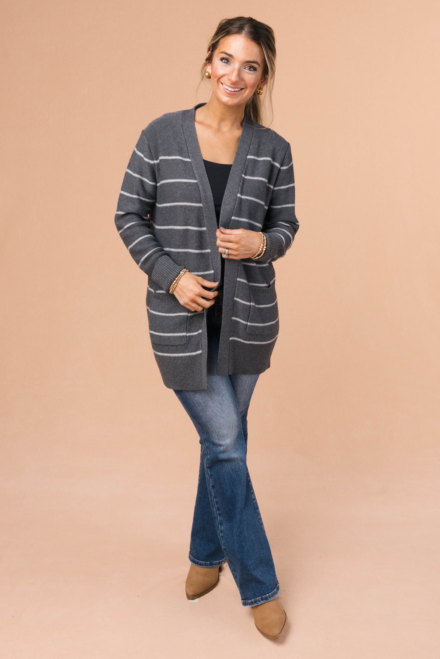 Striped Open Front Cardigan