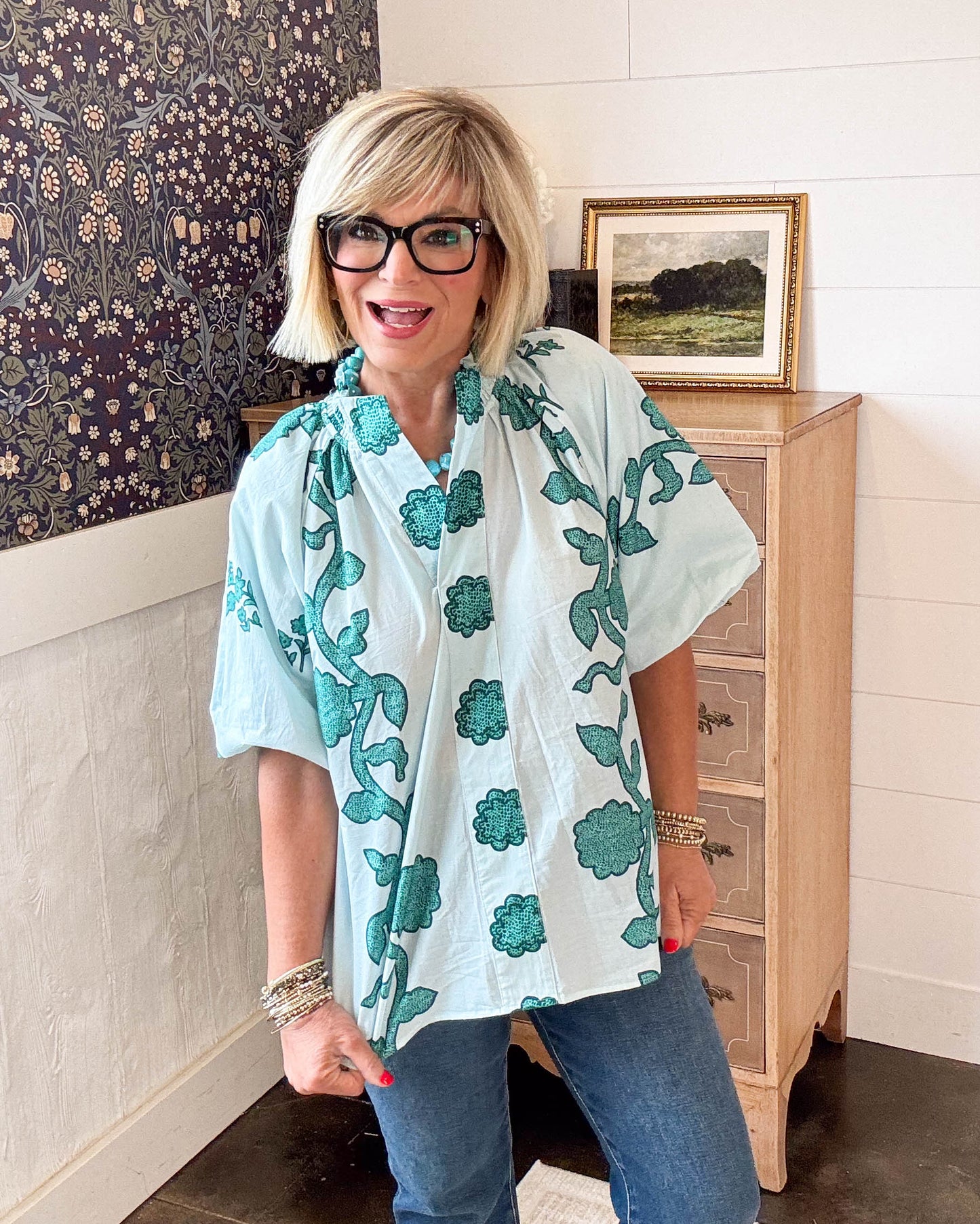 Bloom Bright Floral Smocked Collar Top