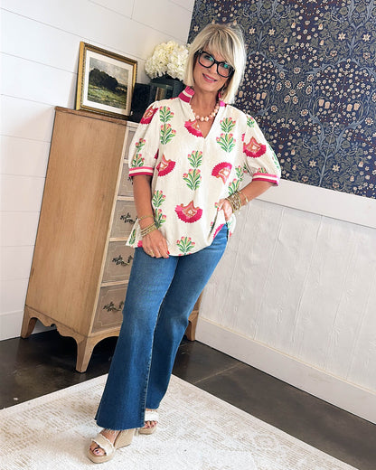 Painted Petal Floral Abstract Frill Neck Top