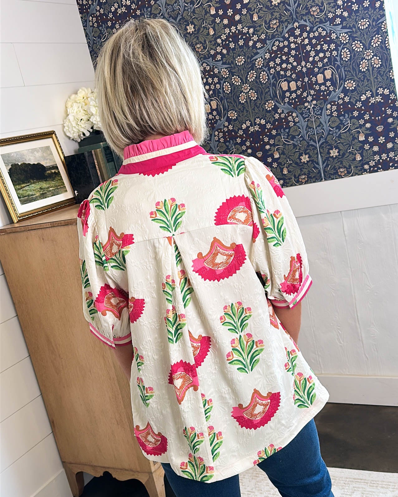 Painted Petal Floral Abstract Frill Neck Top