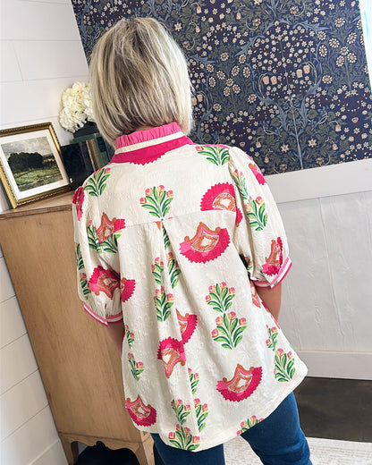 Painted Petal Floral Abstract Frill Neck Top