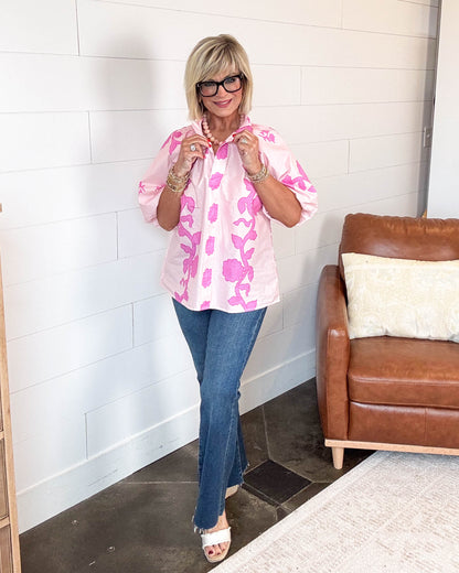 Bloom Bright Floral Smocked Collar Top