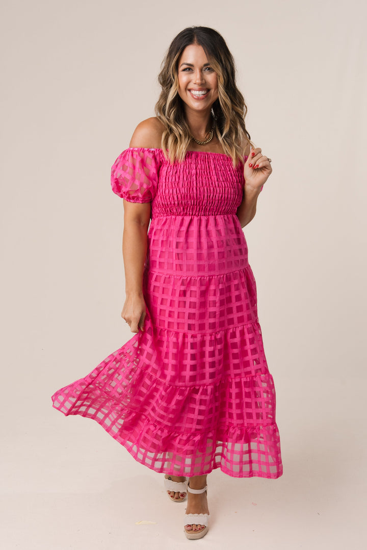 Chiffon Windowpane Smocked Midi Dress *Final Sale*