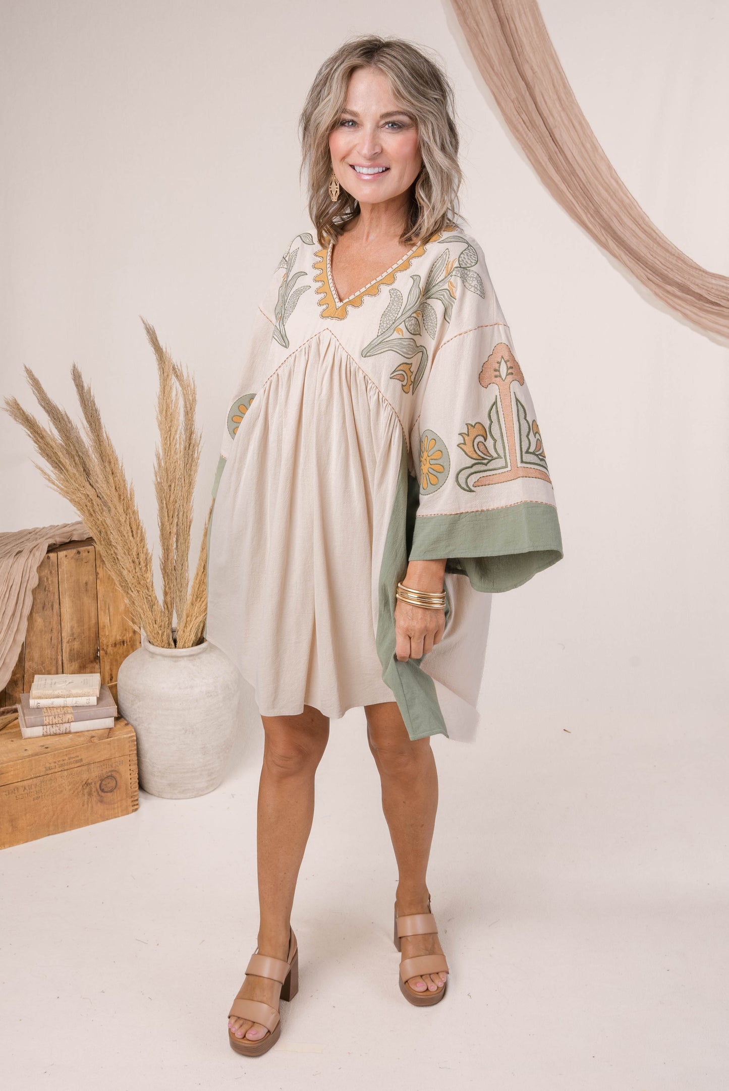 Boho Embroidered Babydoll Dress Olive