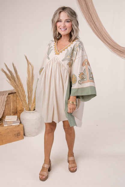 Boho Embroidered Babydoll Dress Olive