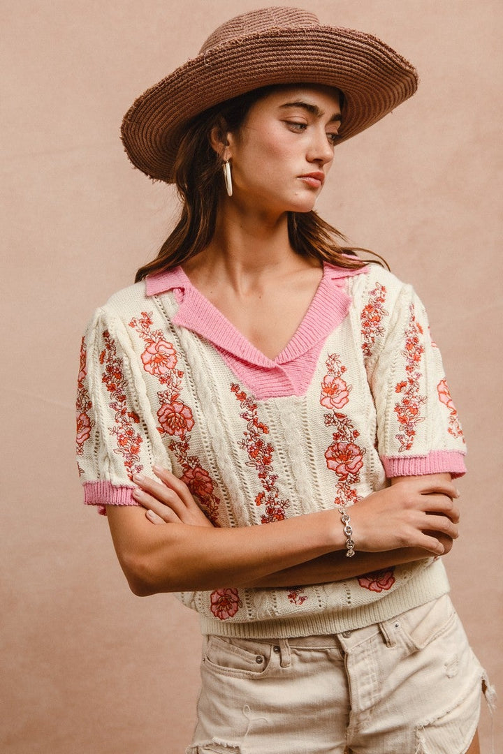 Floral Embroidered Collared Knit top *Final Sale*