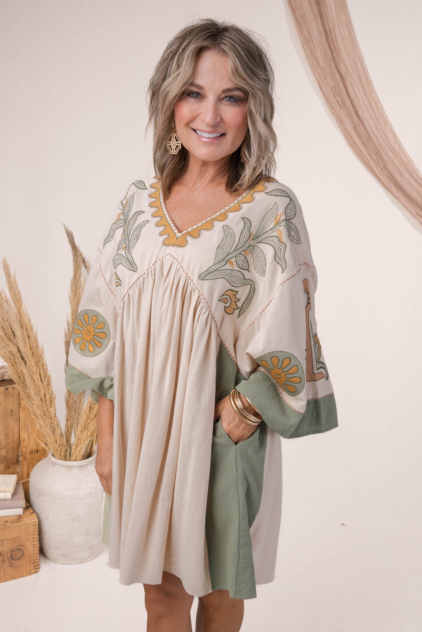 Boho Embroidered Babydoll Dress Olive