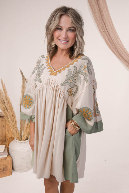 Boho Embroidered Babydoll Dress Olive