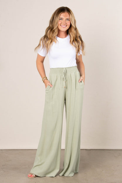 Linen Smocked Waist Wide Leg Pants