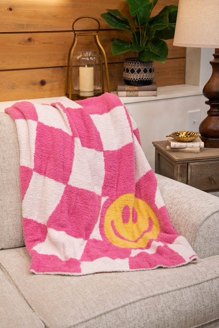 Plush Cuddle Up Luxe Checkered Smiley Face Blanket