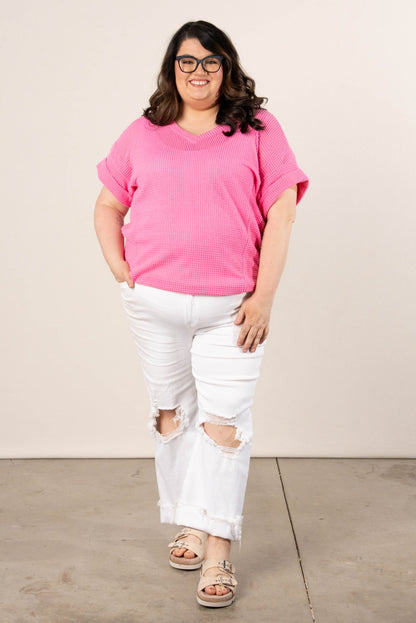 Waffle Knit Cuffed Sleeve Top