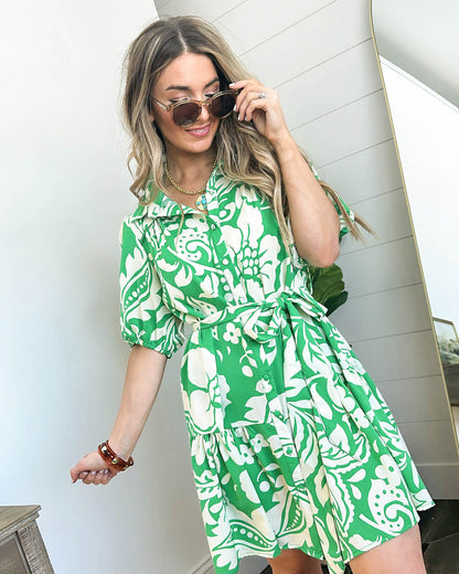 Floral Self Belt Tiered Dress