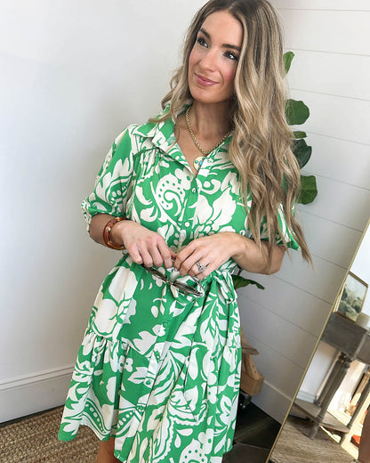 Floral Self Belt Tiered Dress