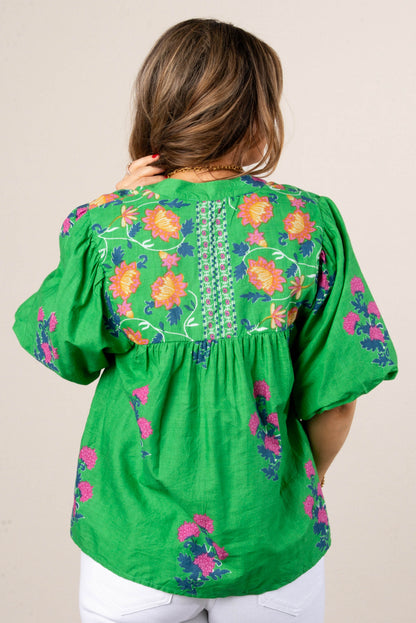 Floral Embroidered Tassel Tie Blouse