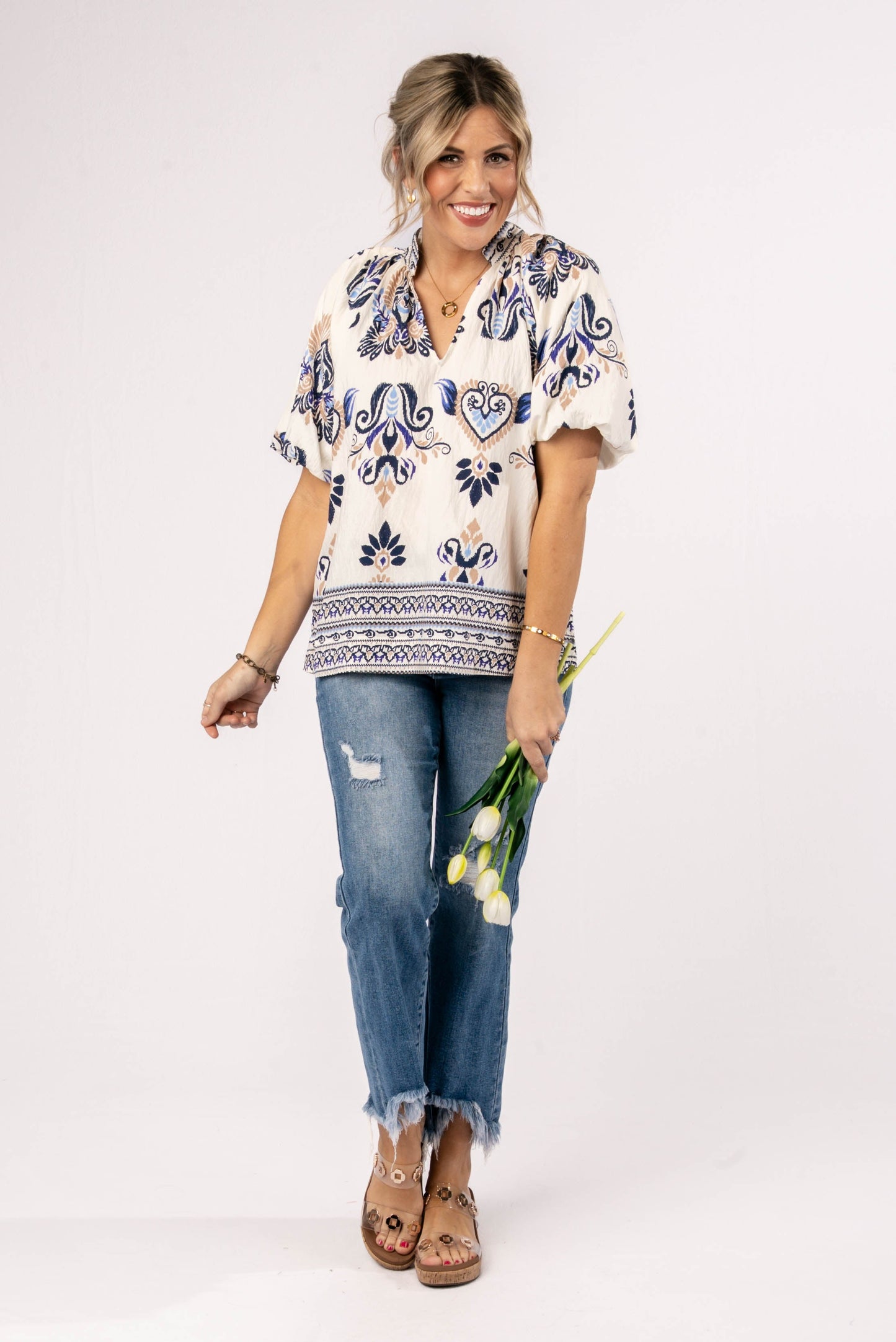 Mixed Print Stand Collar Blouse