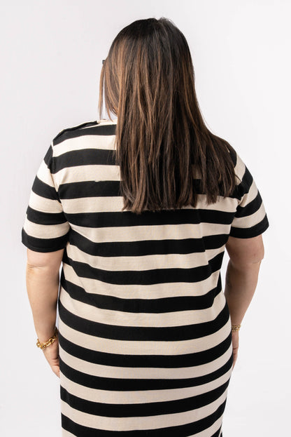 Striped Button Shoulder Midi Dress