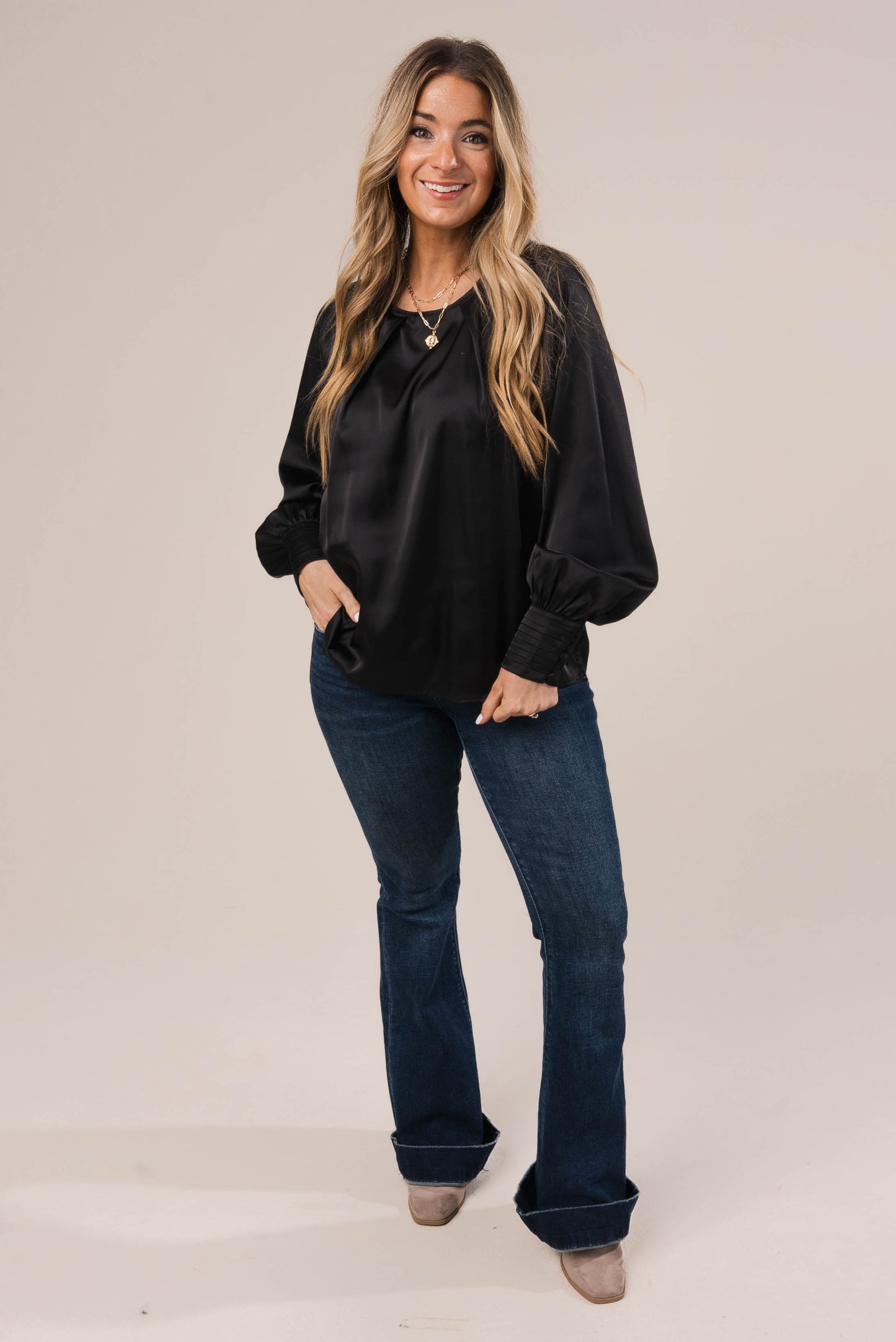 Satin Pleated Button Cuff Blouse *Final Sale*