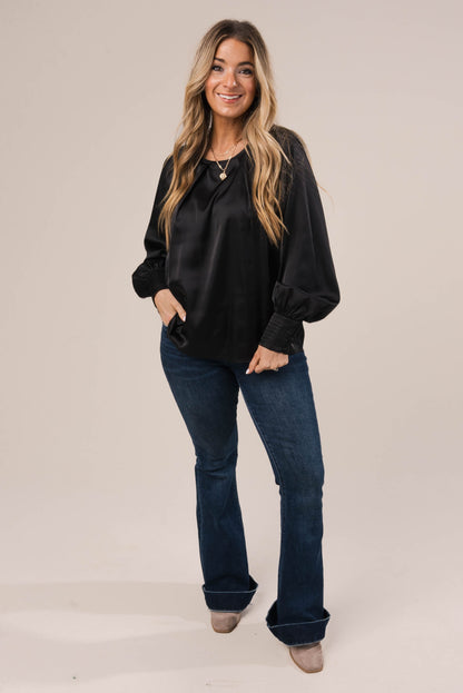 Satin Pleated Button Cuff Blouse *Final Sale*