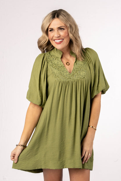 Lace Bodice Frill Neck Dress