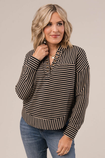 Striped Split Grommet Neck Top