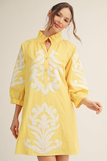 Renaissance Muse Floral Applique Frill Neck Dress