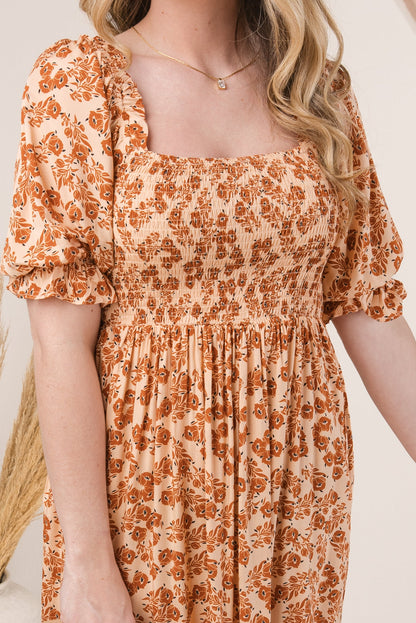 Floral Smocked Square Neck Midi Dress