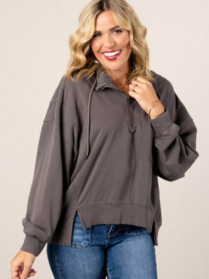 Half Zip Split Hem Hooded Pullover