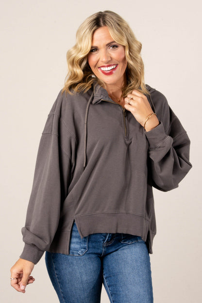 Half Zip Split Hem Hooded Pullover