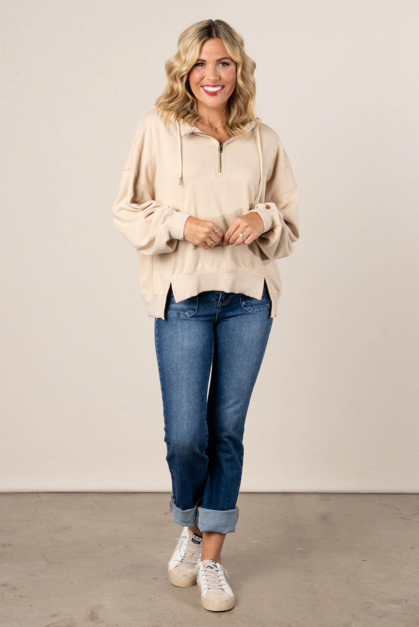 Half Zip Split Hem Hooded Pullover
