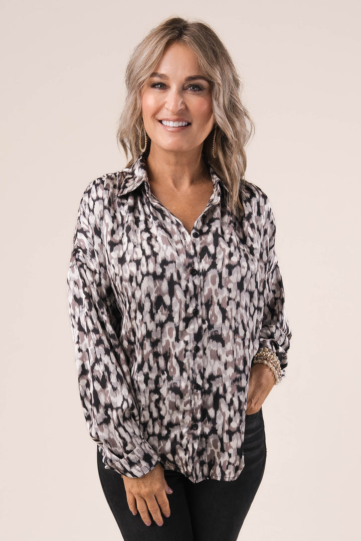 Satin Abstract Leopard Blouse *Final Sale*