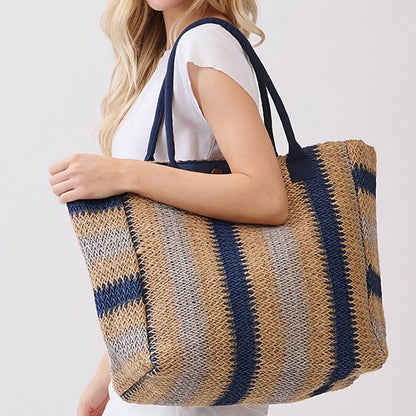 Moonlit Horizon Striped Raffia Tote Bag